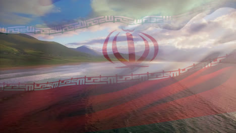 composición digital de la bandera de irán ondeando contra la vista aérea de las olas del mar