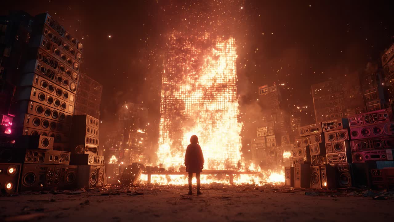 A solitary figure stands in awe before a colossal blaze engulfing a sea of speakers, creating a mesmerizing yet terrifying display of fire and sound in an apocalyptic scene