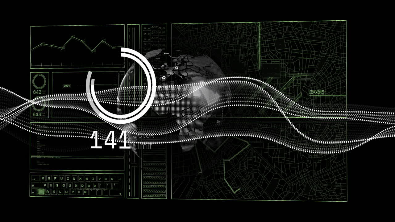Animation of financial data processing and globe over black background