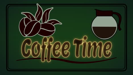 vibrant and classic animated motion graphic of a coffee pot pouring to reveal the words coffee time, with stylish coffee beans and leaves motif and a rich green background