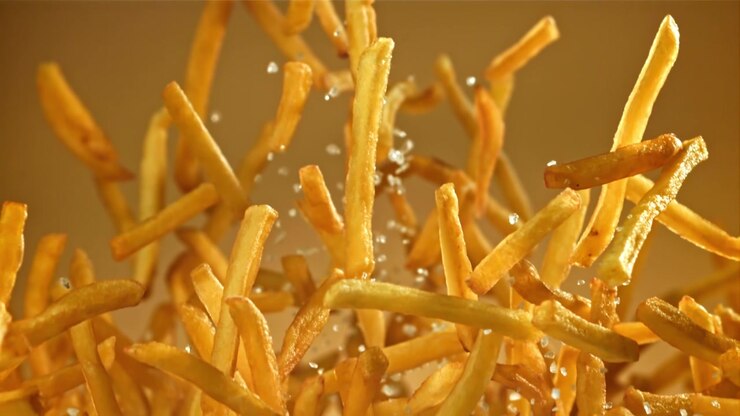 Crispy Golden French Fries with Salt Falling in Slow Motion