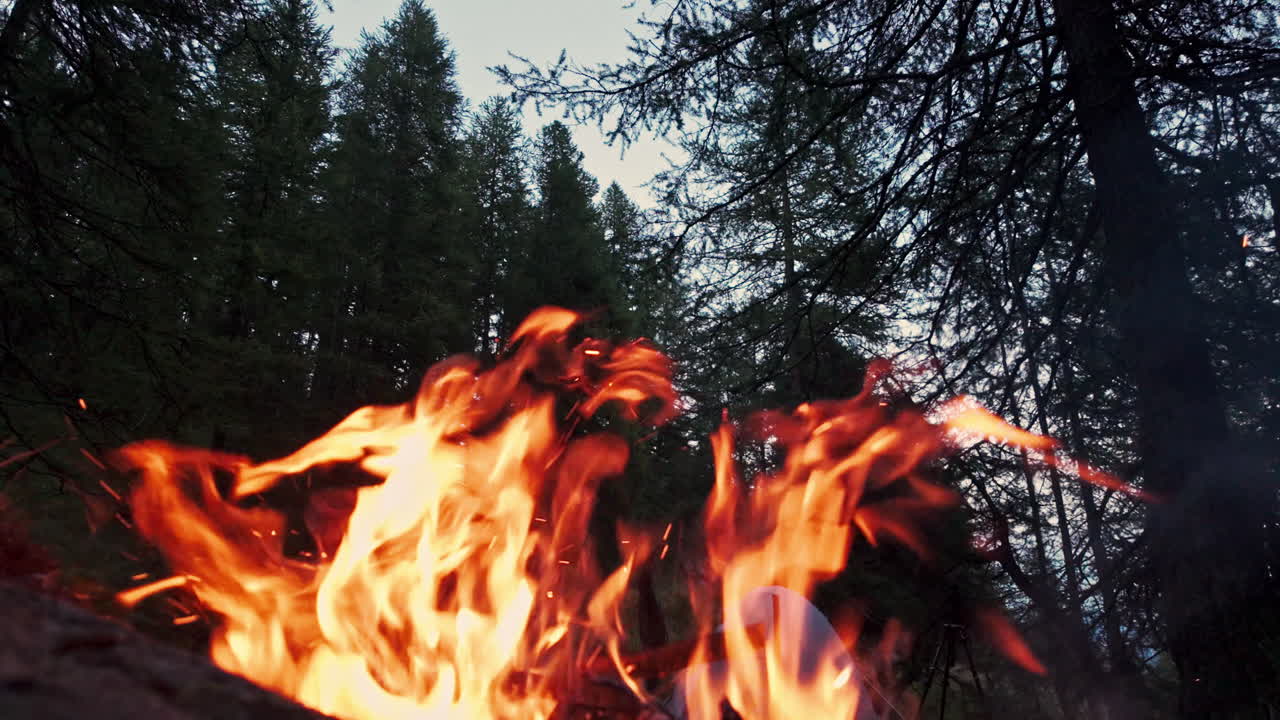 Crackling campfire in forest, serene nature vibe, warm glowing flames