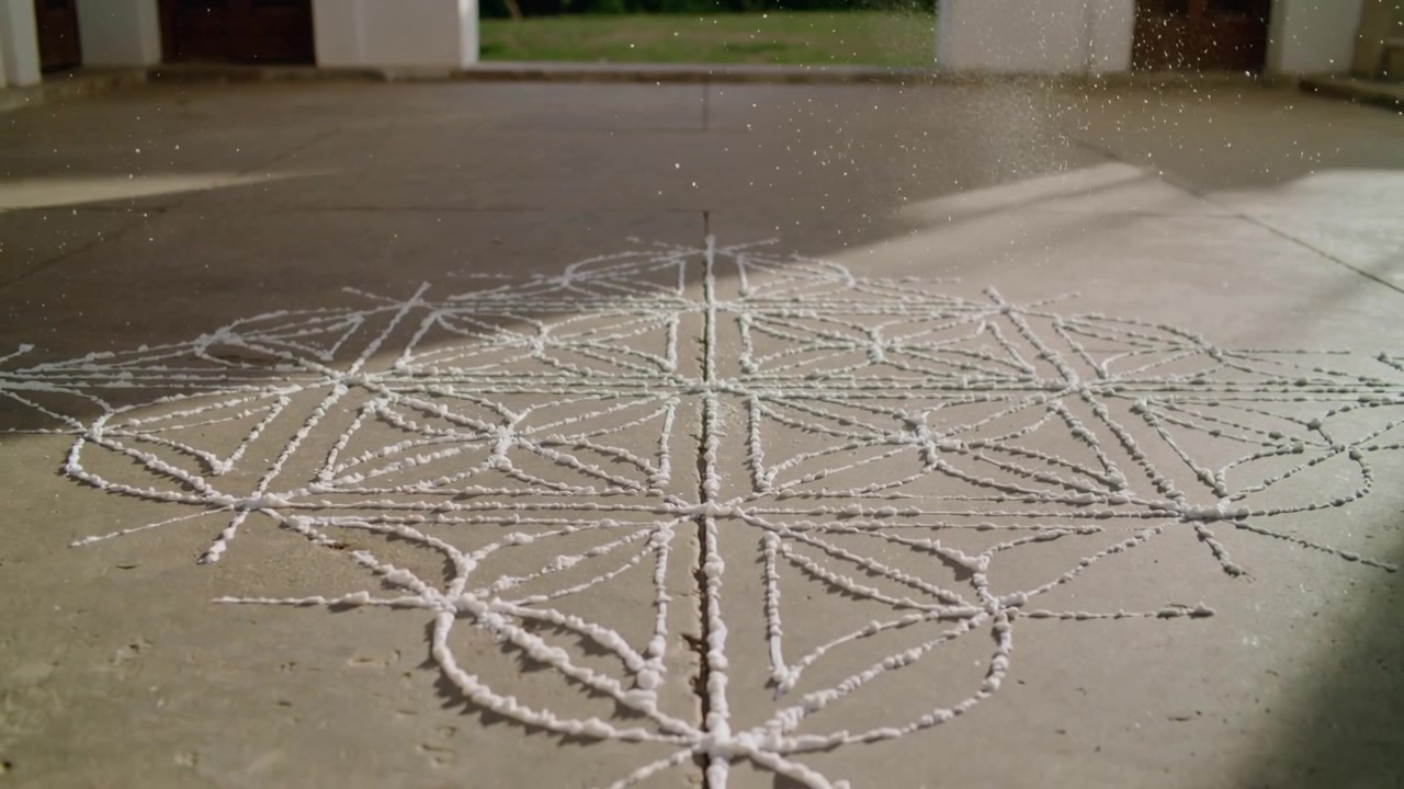 Opening sequence documenting symmetric white pattern settling on tiled porch floor, thin pin center