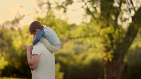 A-child-sitting-on-the-neck-of-his-father-while-walking-in-summer-field-at-sunset.