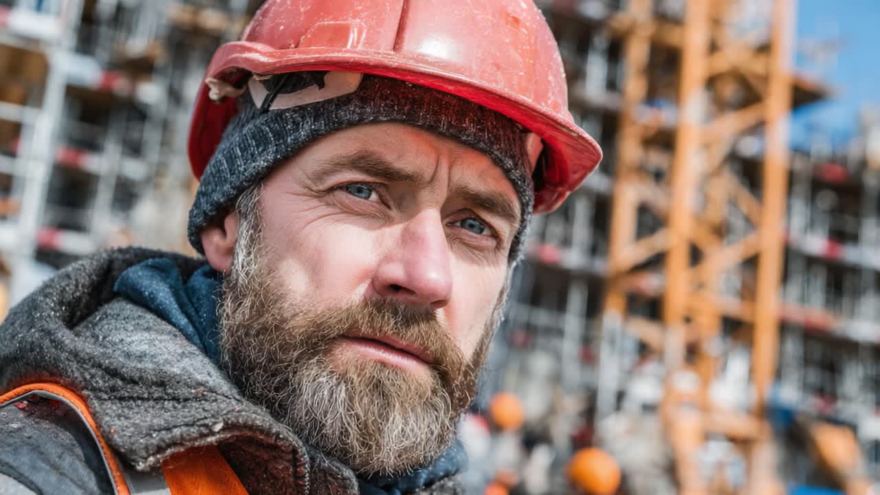Dedicated Construction Worker in Safety Gear Showcasing Expertise and Commitment Amidst Urban Building Site with Ongoing Major Projects in the Background