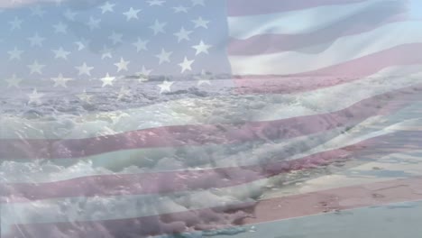 animación de la bandera de los estados unidos ondeando sobre el paisaje de la playa