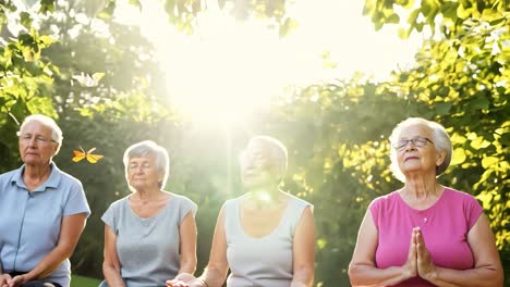 four elderly women meditating in a park