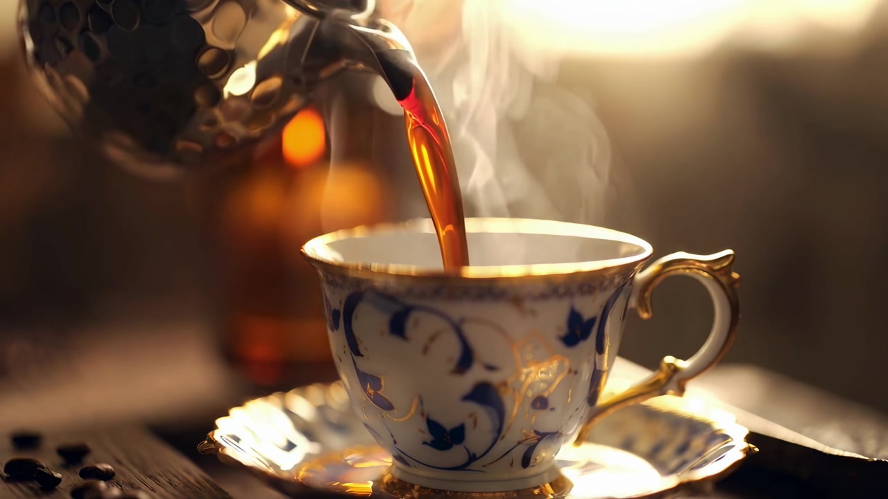 Caffè caldo fumante versato in una tazza decorativa