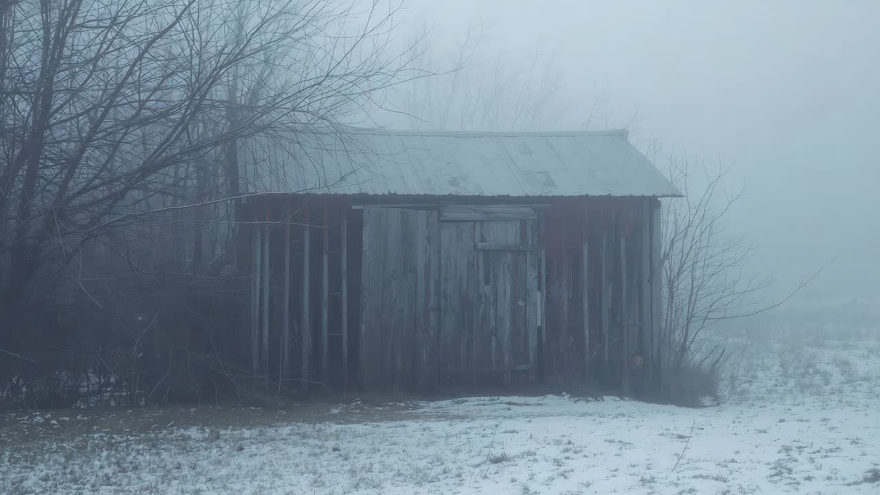 Fog rolling in, weathered shed sitting at field edge with corrugated roof, obscuring distant field