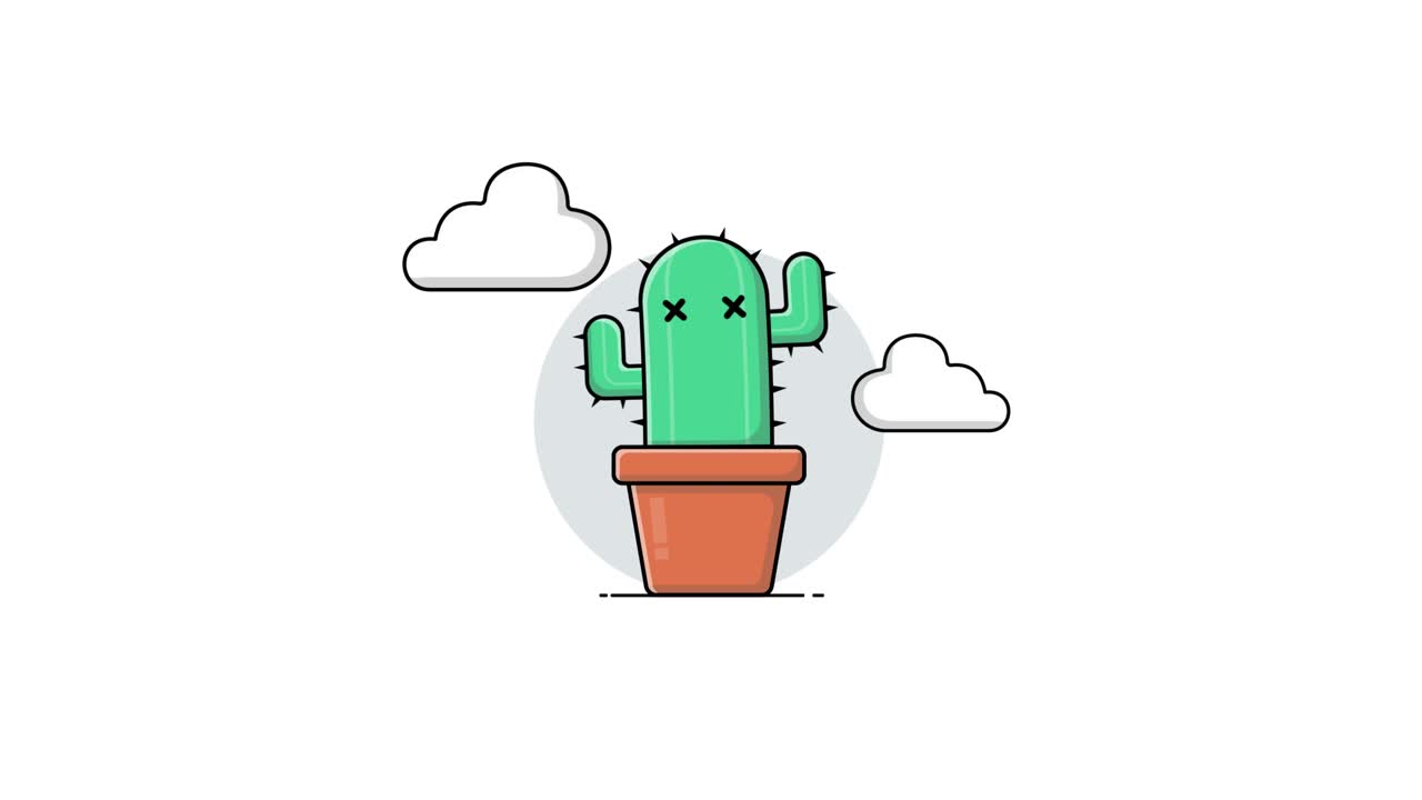 Cactus Animato in Stile Cartone Animato che Cresce in Vaso con Nuvole