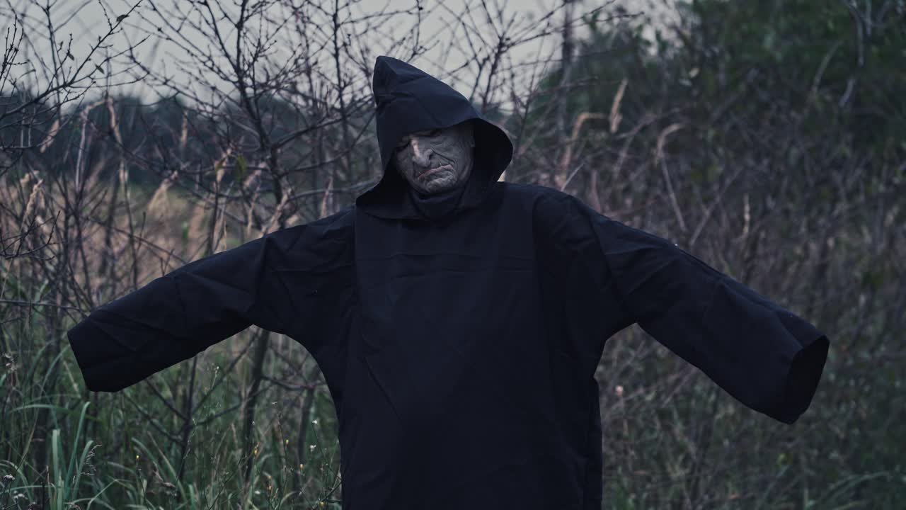 Portrait of terrible ghost outdoors. Scary figure of evil in black costume standing in nature with outstretched arms. Concept of horror.