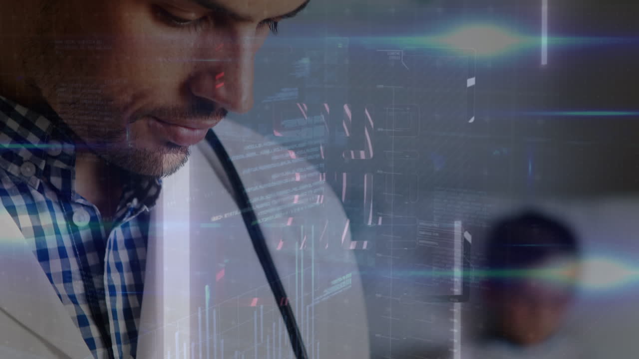 animación de un médico caucásico usando una tableta sobre el procesamiento de datos