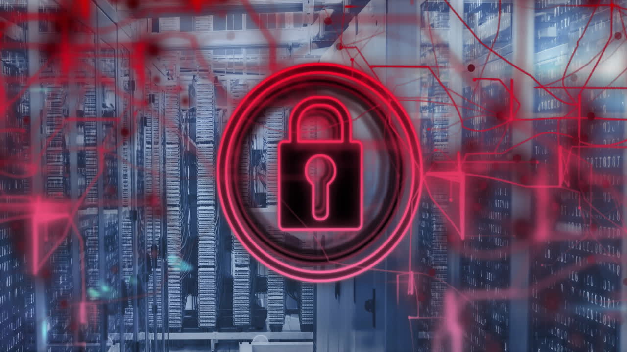 Cybersecurity animation with red lock symbol over data servers for protection