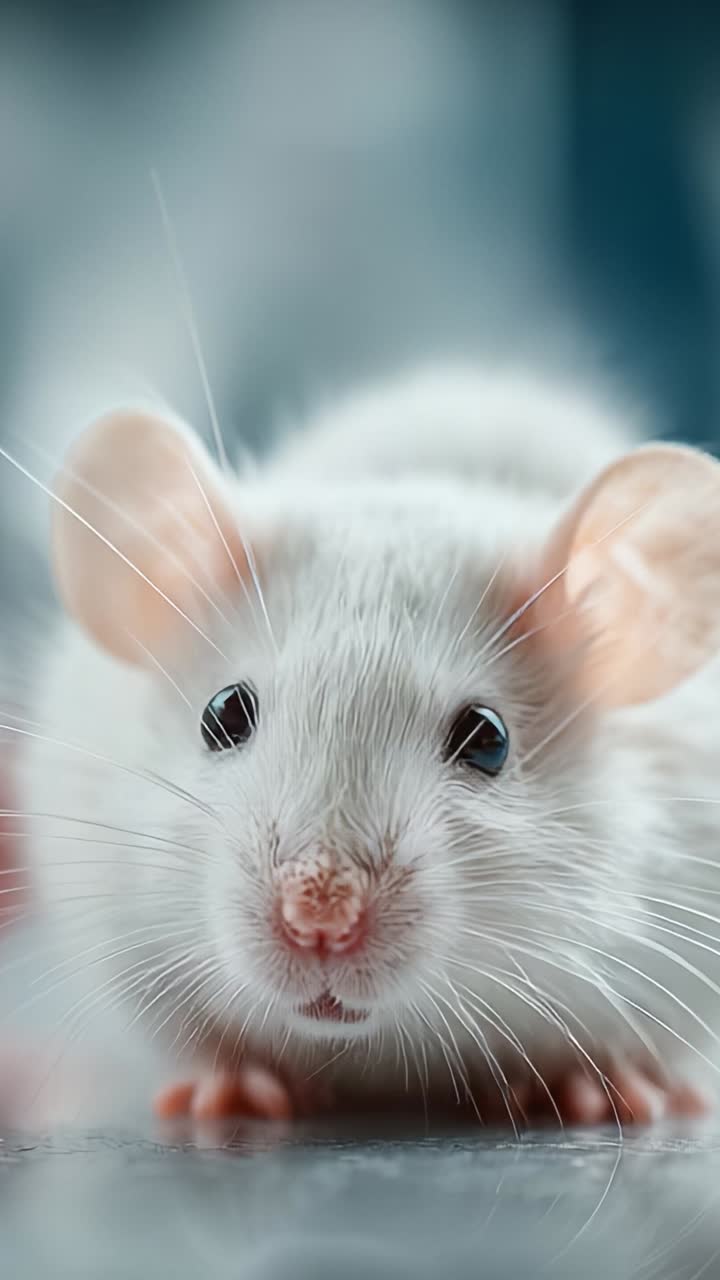 Primo piano di un adorabile topolino bianco catturato in alta definizione, che mostra i suoi tratti dettagliati e l'espressione curiosa in uno sfondo attenuato