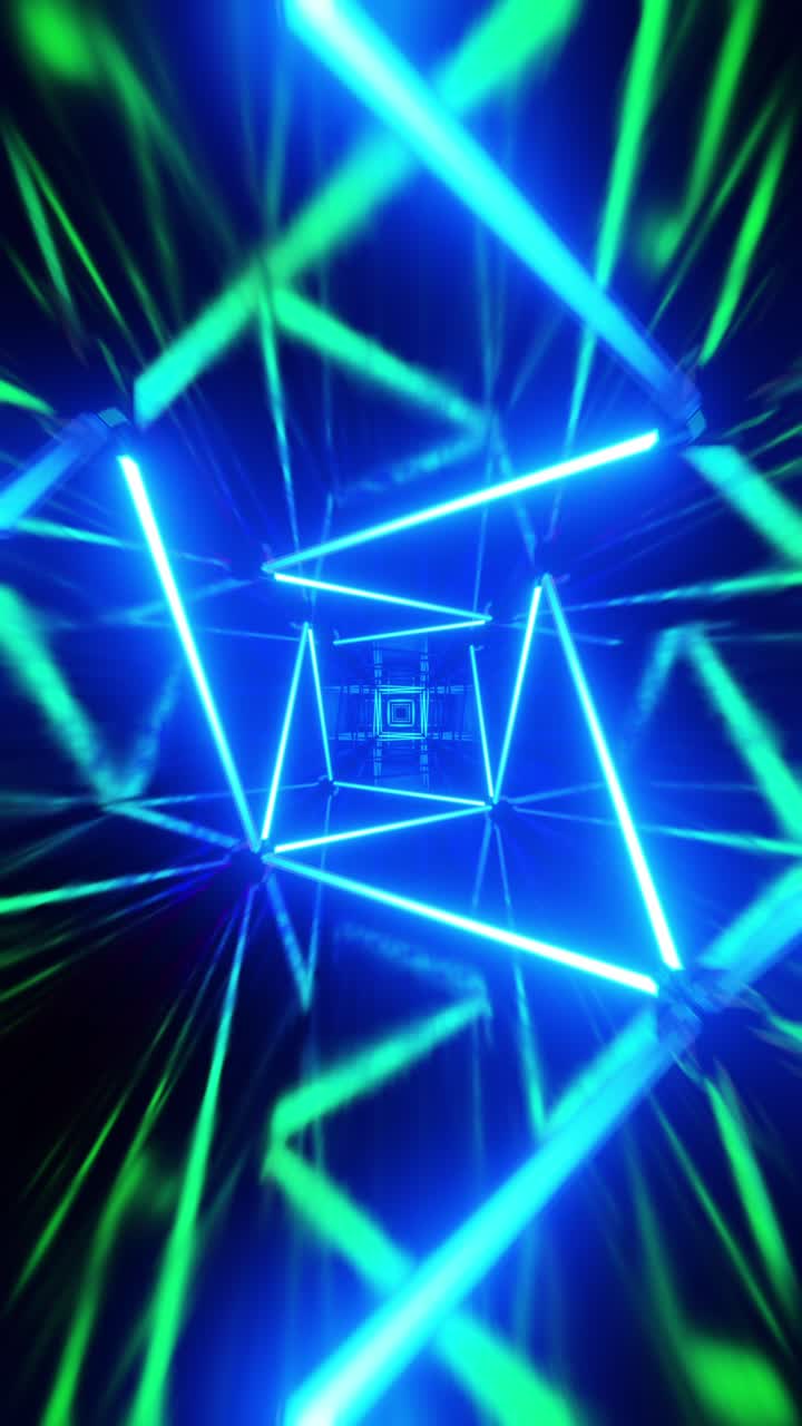 volare in un tunnel con luci fluorescenti blu lampeggianti. video a loop verticale