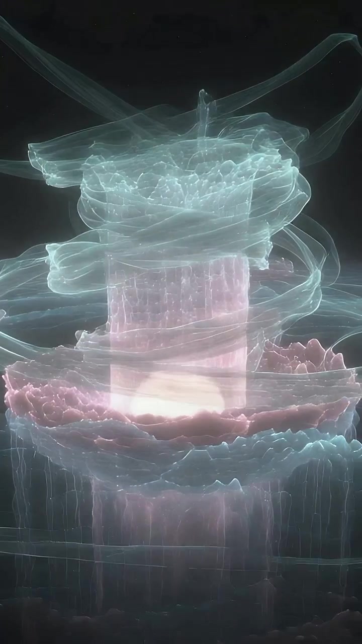 Vertical video: Emerging translucent column rising from pink petal base in void, with teal ribbons