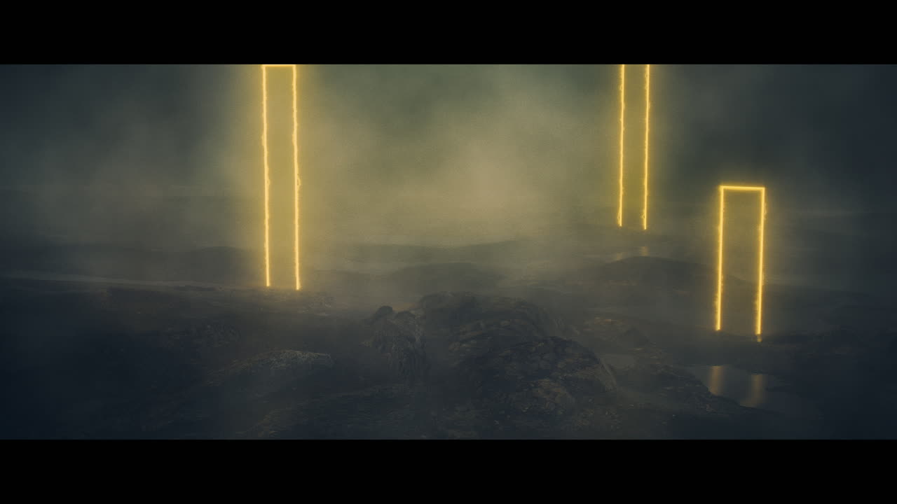 Rocky landscape with huge yellow light portal structures