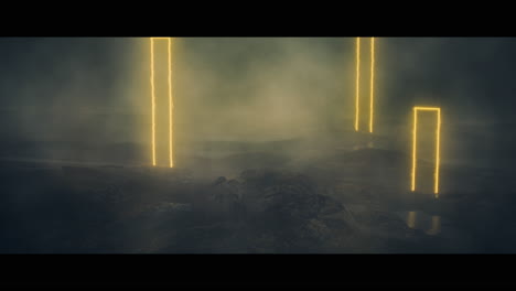 rocky landscape with huge yellow light portal structures