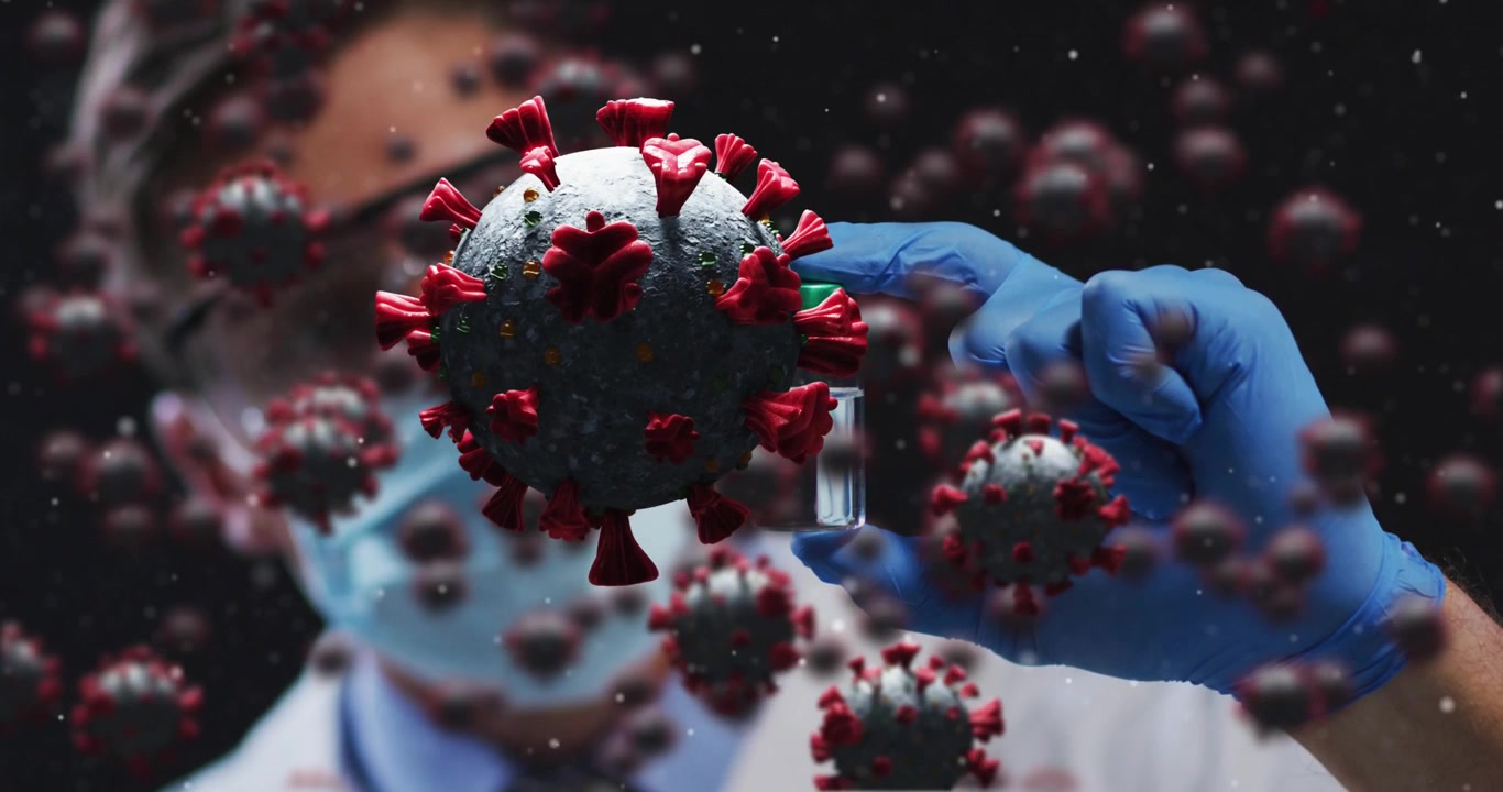 Animation of virus cells over caucasian male lab worker with sample