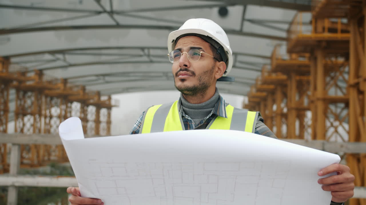 Construction Engineer Reviewing Plans on Construction Site