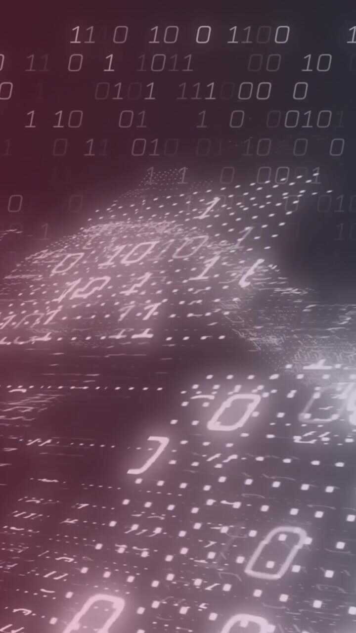 Animation of waves and binary code over red and blue background