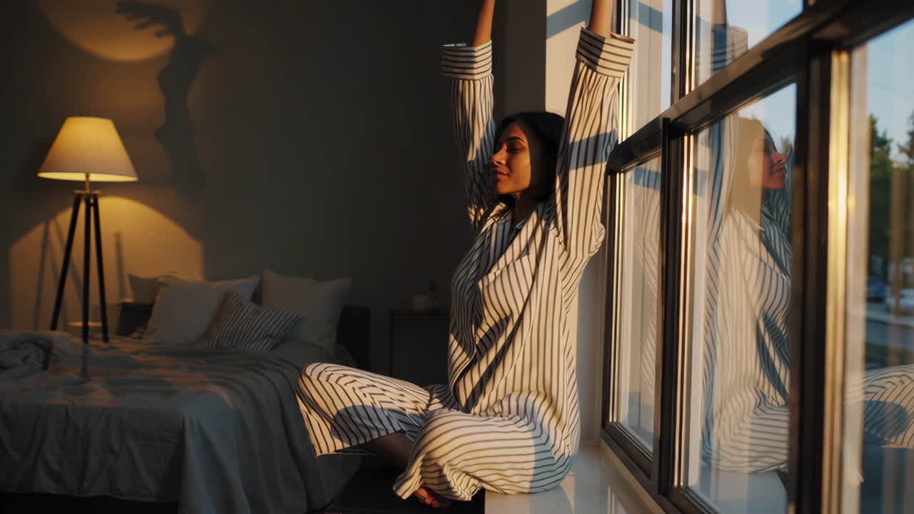 Woman stretching in pajamas by the window