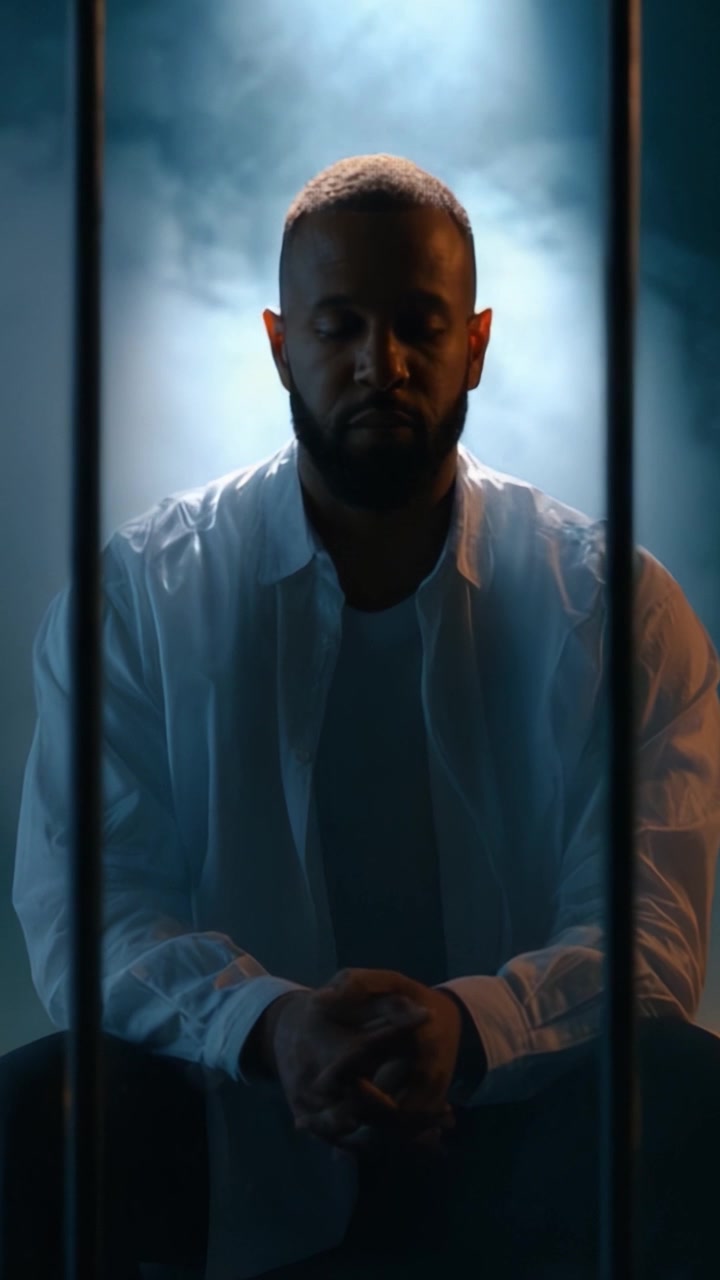 Uma Reflexão Contemplativa: Um Homem de Camisa Branca Sentado Atrás das Grades em um Espaço Pouco Iluminado, Envolto em Fumaça Mística e Introspecção