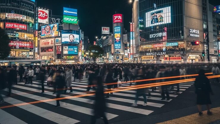 Shibuya Crossing at night in Tokyo, Japan, with a bustling crowd on the crosswalk and bright neon signs