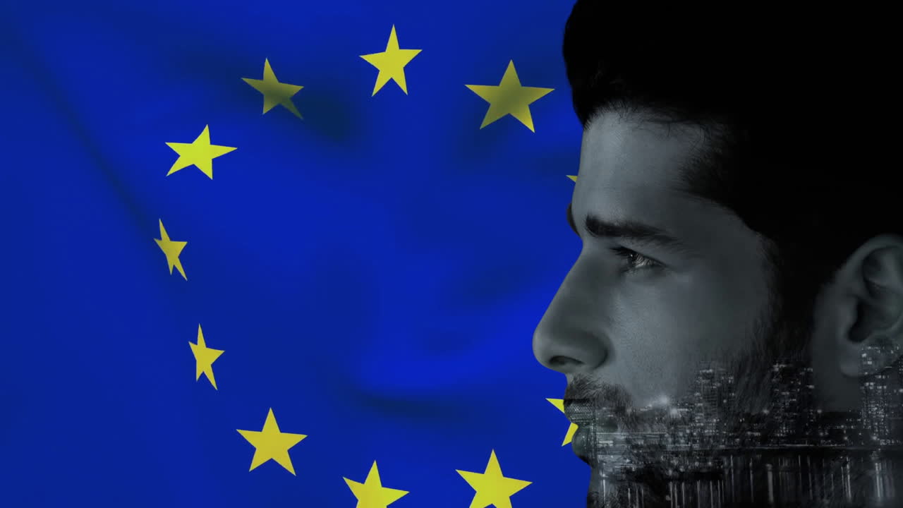 animación de un hombre biracial con paisaje urbano sobre la bandera de la ue