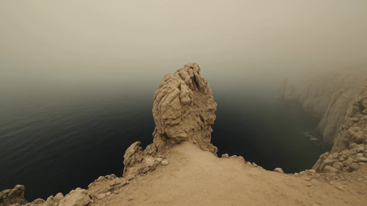 Facendo scorrere la telecamera in avanti, una roccia bulbosa appare più grande su uno stretto promontorio, rivelando il bordo della scogliera.