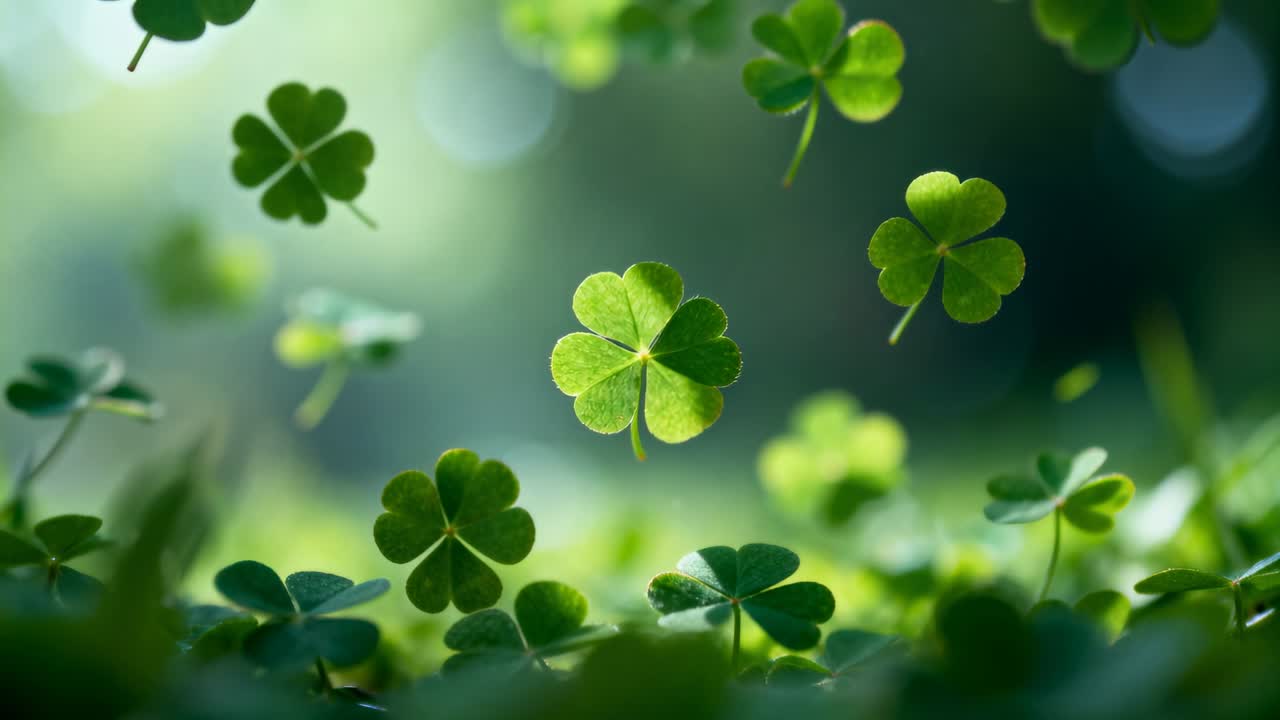 Drifting backlit four-lobed clover leaves rotating as light breeze lifts over meadow, with bokeh
