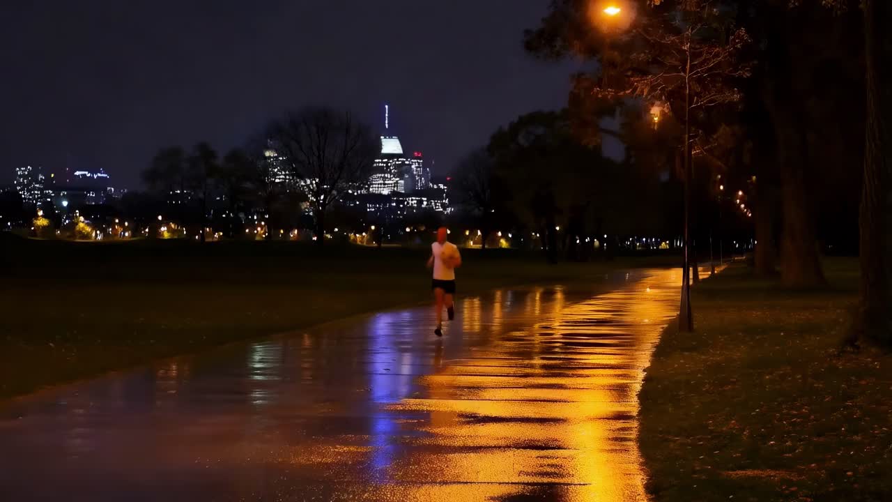 correr de noche en el parque de la ciudad