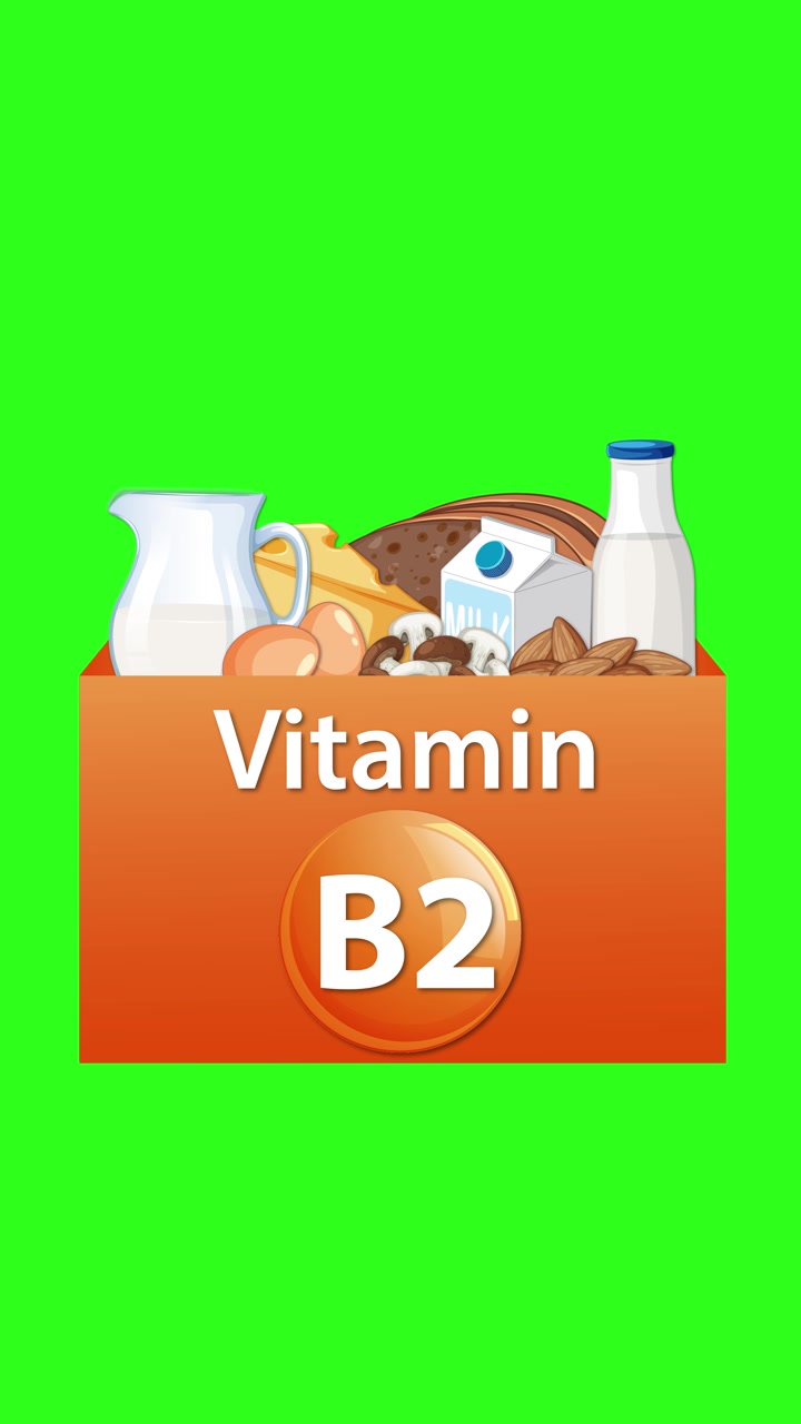 Scatola arancione che rivela l'etichetta della Vitamina B2 e icone alimentari su uno sfondo verde brillante, con transizioni fluide.