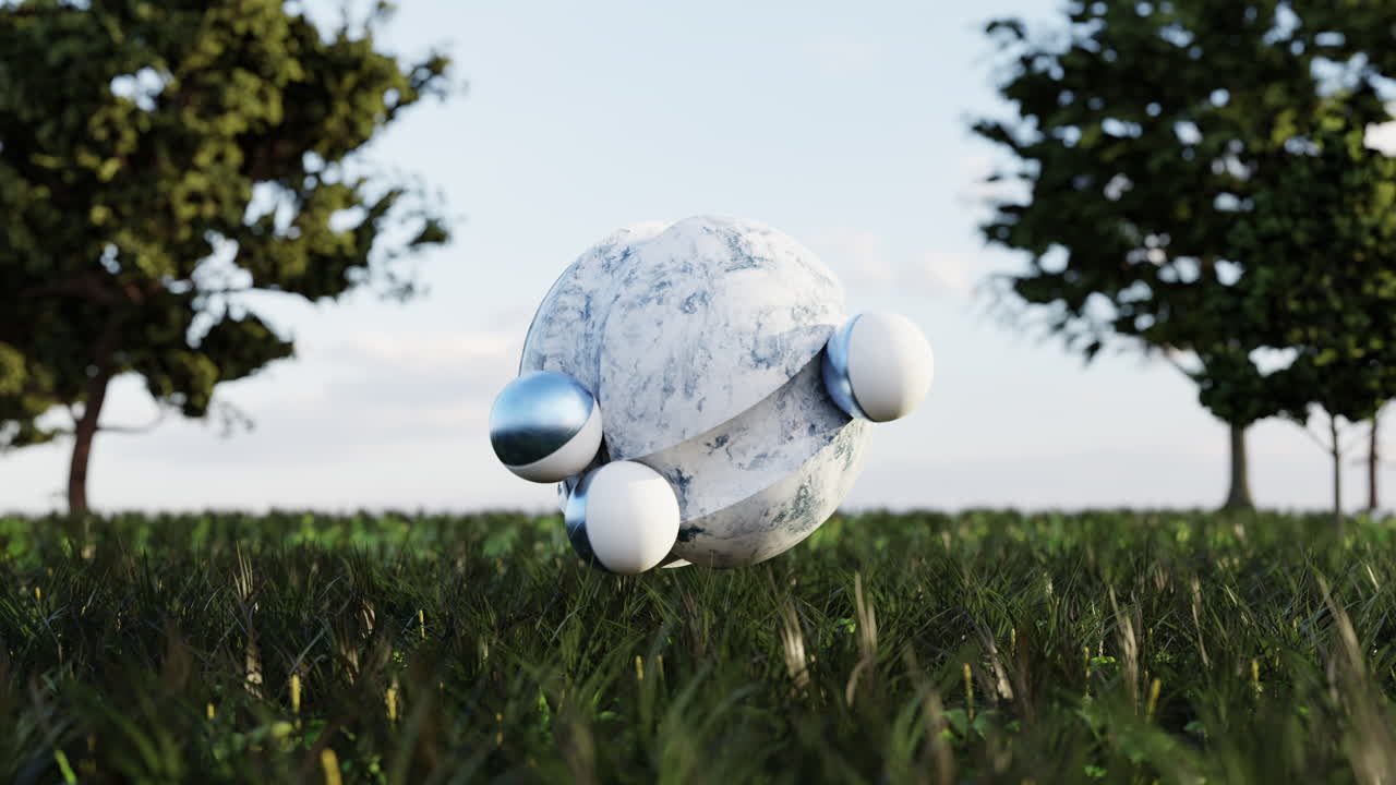 Halved globes rolling on surface of levitating marble ball over green grass. 3d animation loop