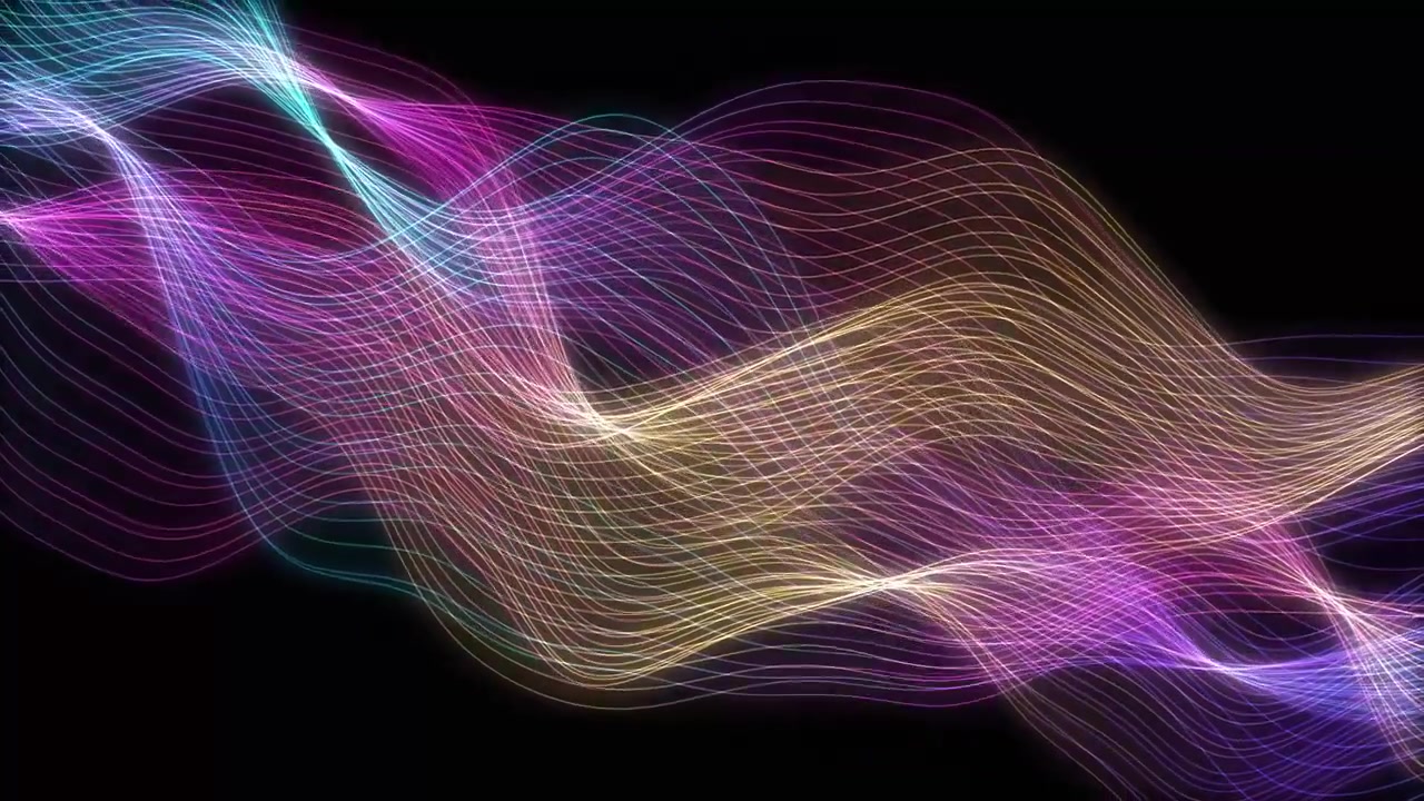 Luminous multicolored neon wave lines undulate smoothly in an abstract digital animation over black.