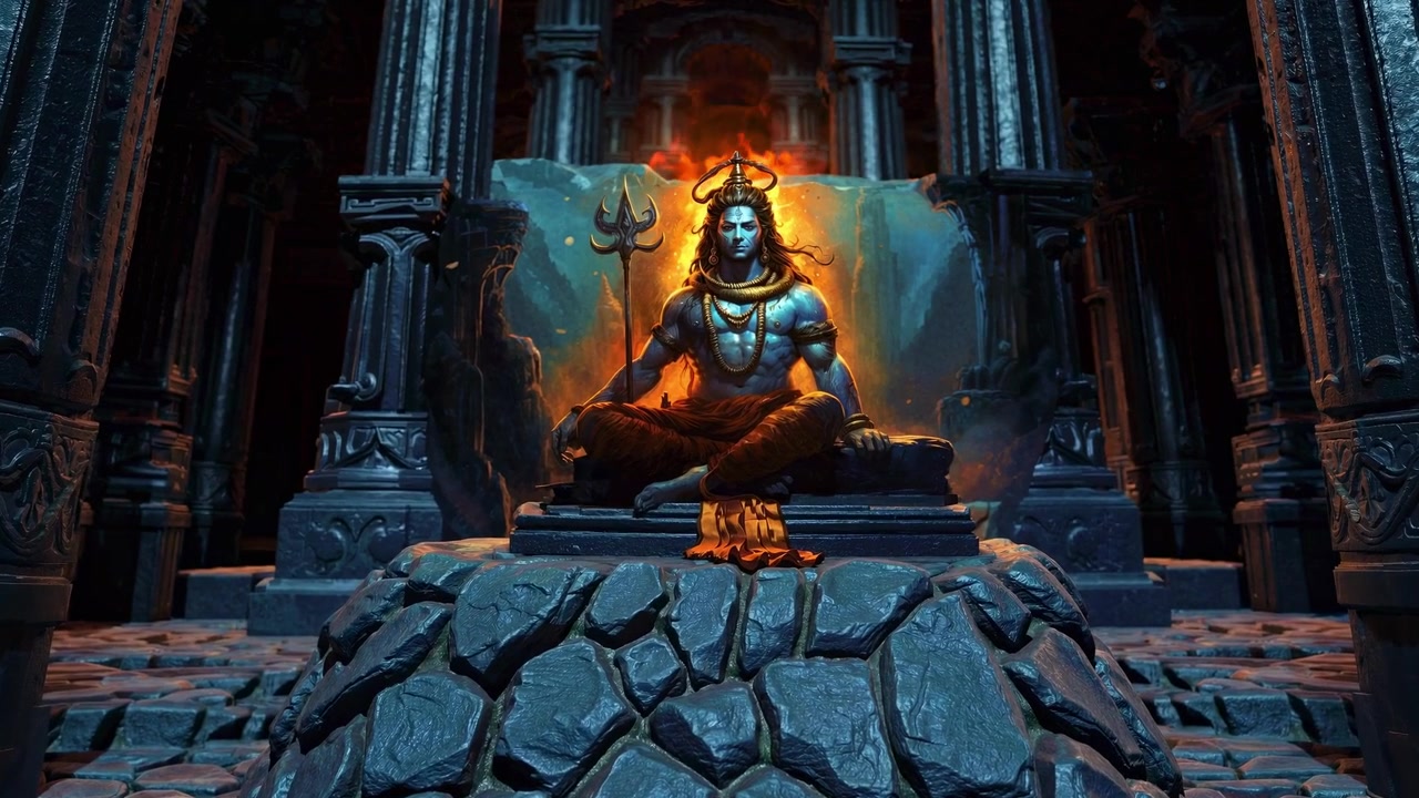 Senhor Shiva Meditando em um Templo Místico Antigo com Aura Flamejante
