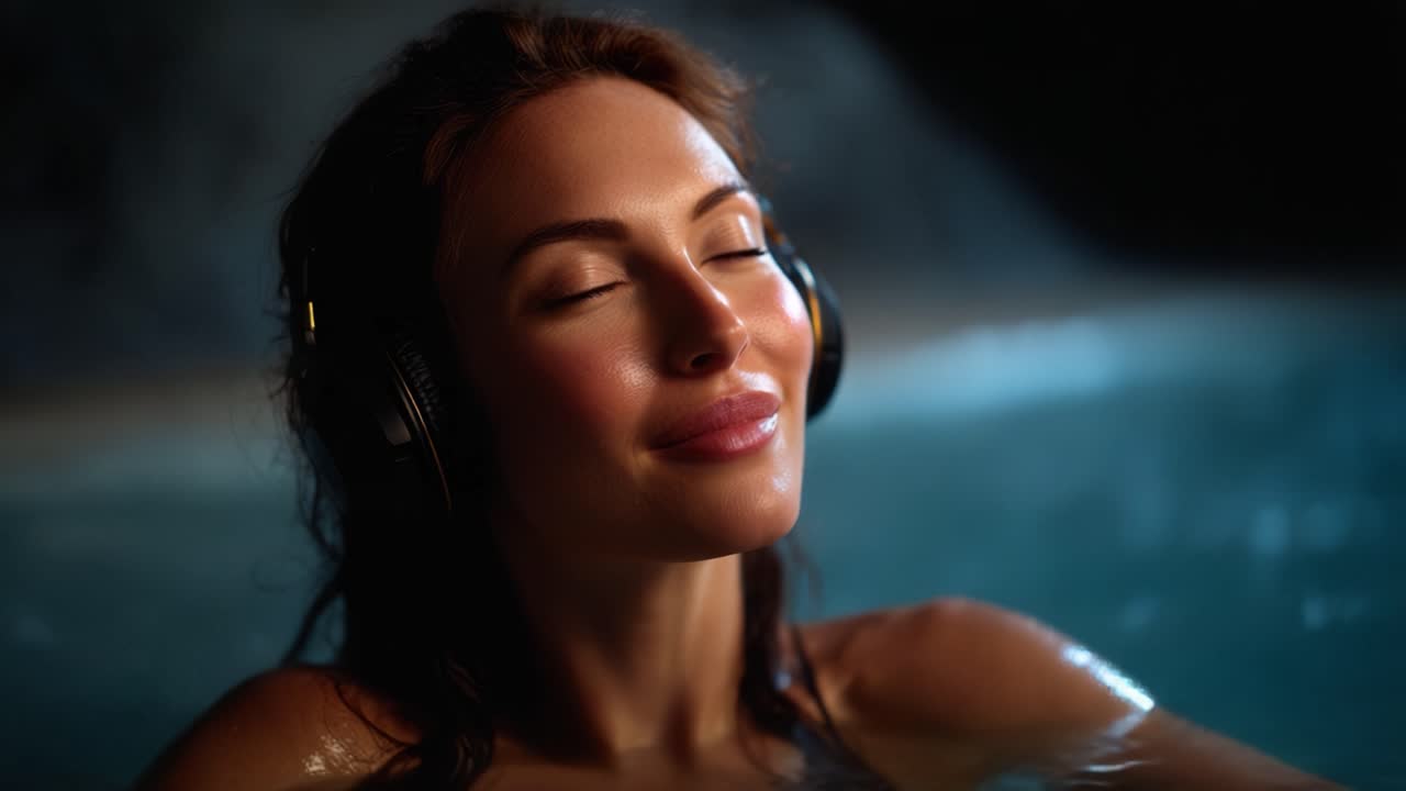 A Blissful Moment: A Relaxed Woman Enjoys Music with Headphones While Submerged in a Serene Spa Environment Enhancing Her Tranquility and Peacefulness