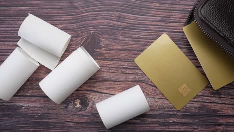 close up of credit cards in a wallet on wooden background ,