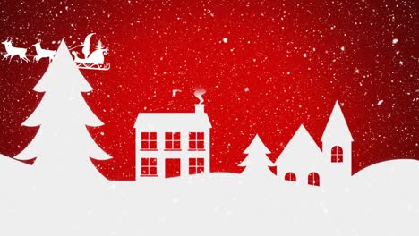 Digital-animation-of-snow-falling-over-winter-landscape-and-black-silhouette-of-santa-claus