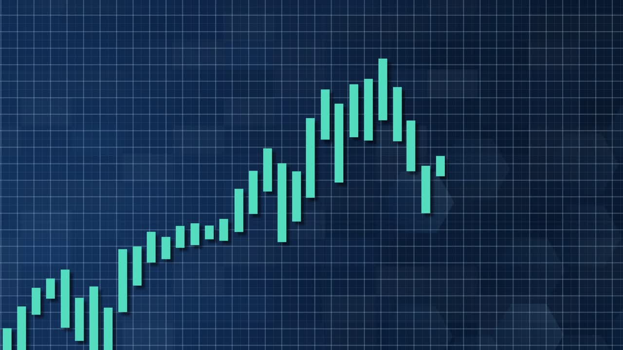 Candlestick chart animation illustrating a bullish trend on a blue grid background, showcasing financial growth and market dynamics