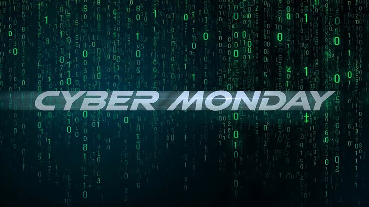 Animating center white CYBER MONDAY title on start, pulsing lightbar streaming green binary digits