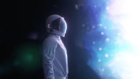 astronaut in futuristic spaceship, room. cinematic 4k footage