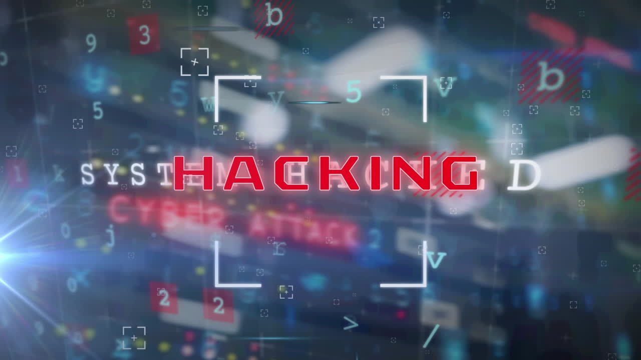 animazione del testo di avvertimento di hacking e elaborazione dei dati