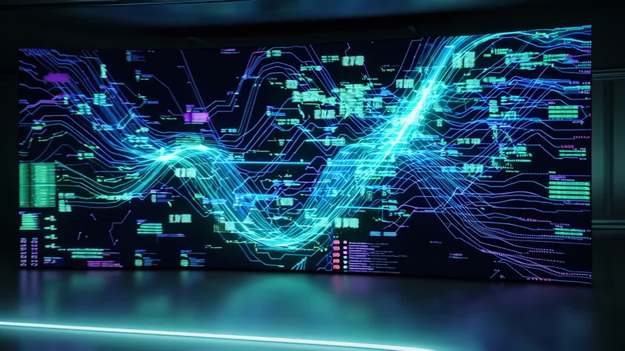 Futuristic Interior with Glowing Data Visualization