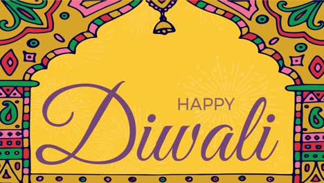 animación de texto feliz de diwali y formas coloridas sobre fondo naranja