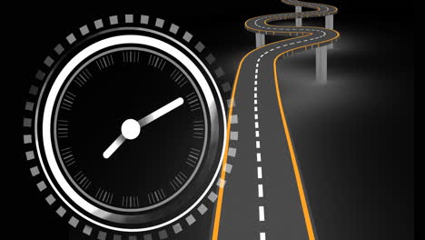 animación del reloj sobre la carretera sobre fondo negro