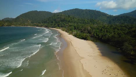 las cuevas bay aerial view of the river flowing into the ocean on the island nation of trinidad