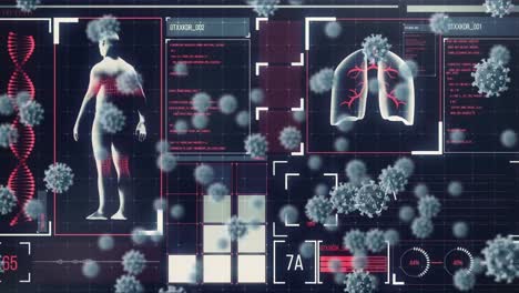 animación de las células del virus covid 19 sobre el procesamiento de datos en fondo negro