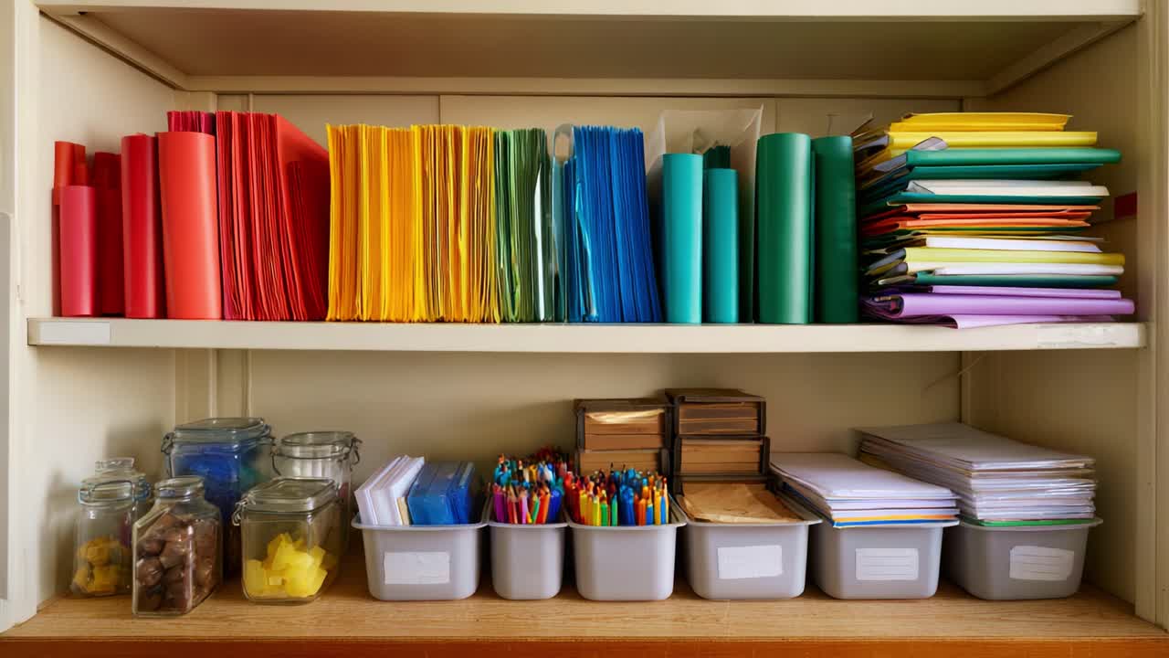 Estantería organizada con material de oficina que muestra carpetas, papeles y oficina de colores en contenedores ordenados para una gestión eficiente del espacio de trabajo