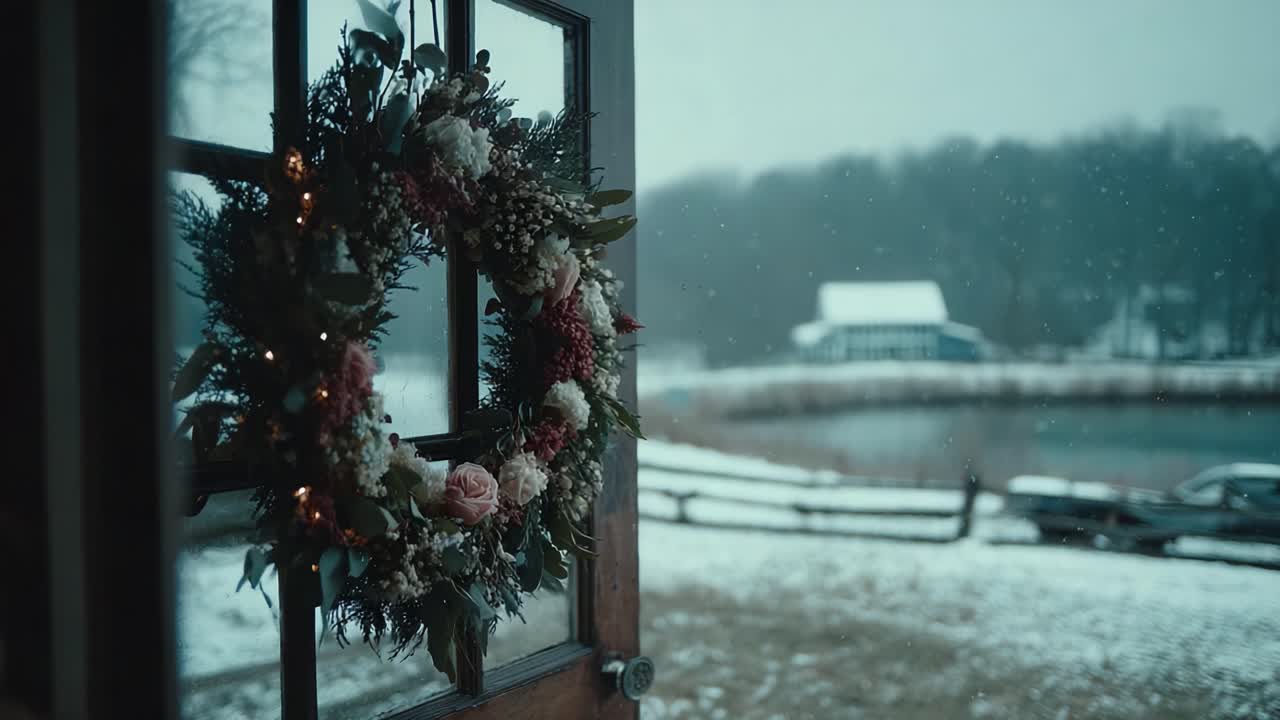 A Beautiful Winter Scene with a Floral Wreath Hanging on a Door, Framed by a Snowy Landscape and a Tranquil Outdoor View